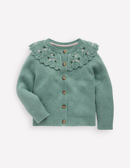 Embroidered Yoke Cardigan-Csarite Green-1