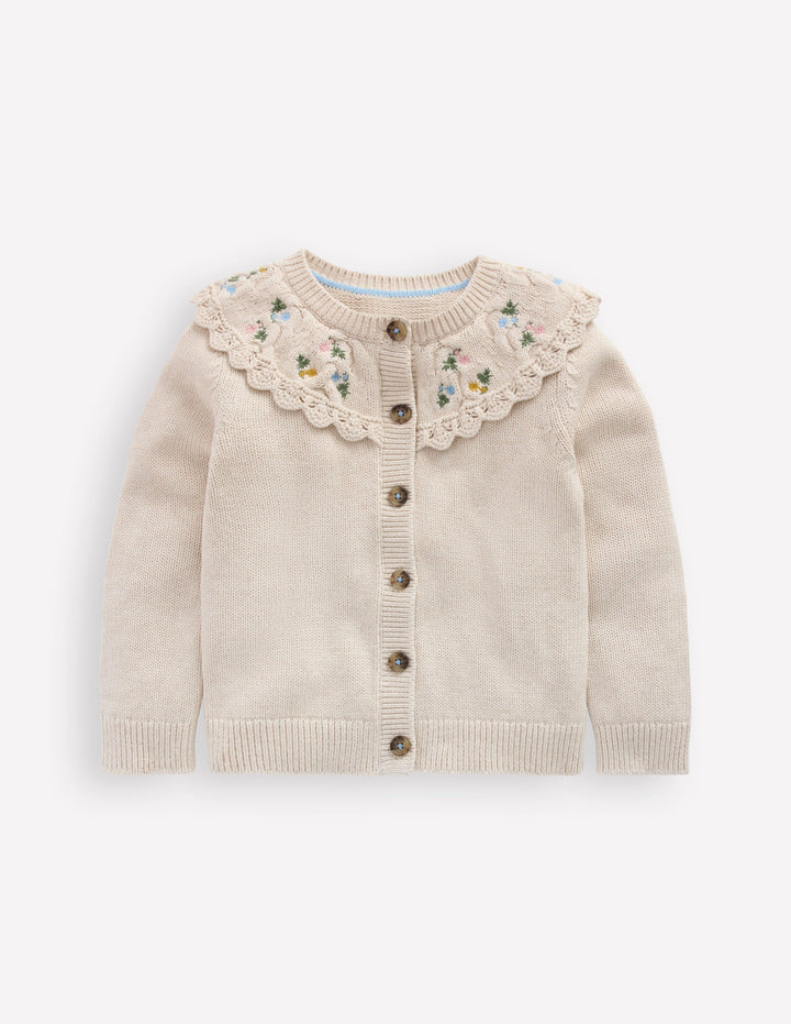 Embroidered Yoke Cardigan-Oatmeal Marl