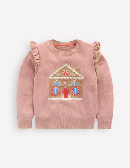 Fun Frill Logo Sweater-Vintage Pink Gingerbread House-1