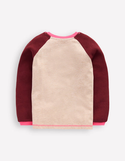 Raglan Waffle Mix Top-Oatmeal Marl/Chestnut-2