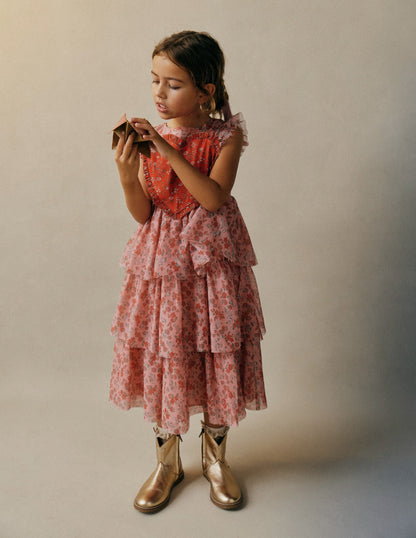 Heart Tulle Dress-Salmon Pink Meadow Floral-1