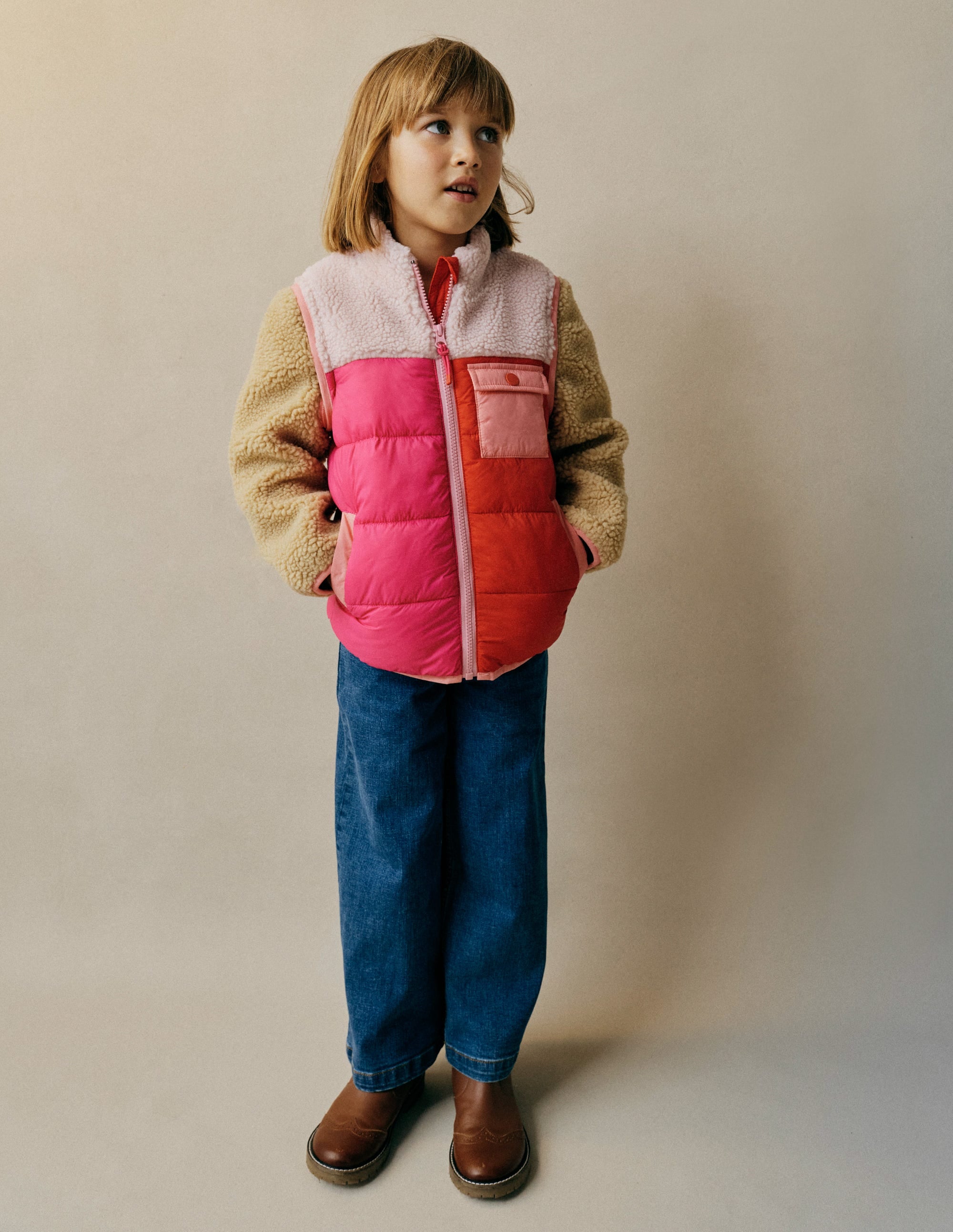 2-in-1 Borg Mix Jacket-Pink Borg Colourblock - Image 1