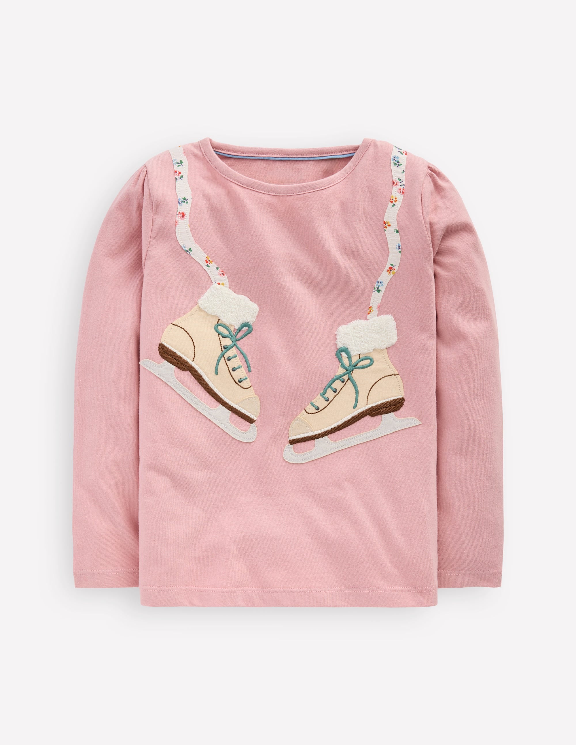 Puff Sleeve Appliqué  T-shirt-Vintage Pink Skates - Image 1
