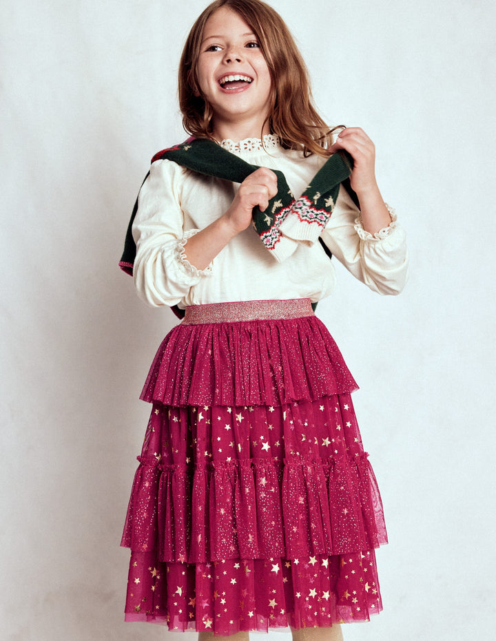 Tulle Ruffle Midi Skirt-Cherry Jam