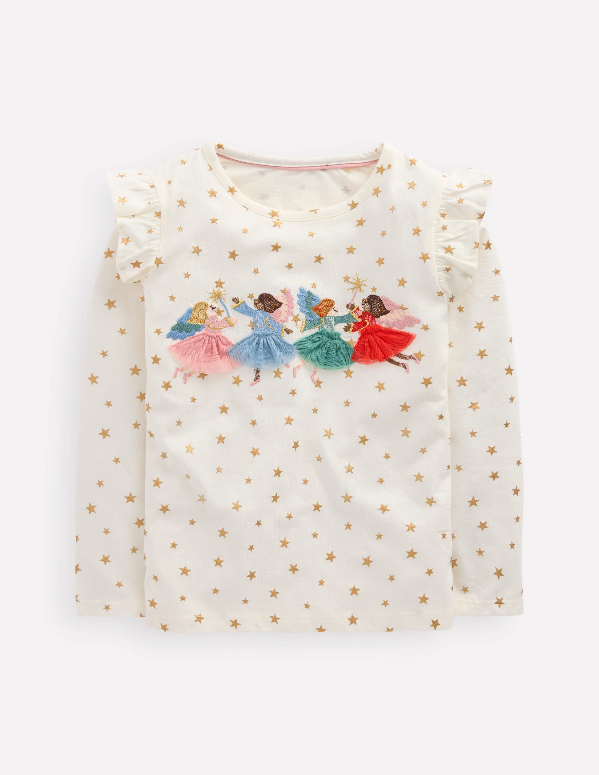Frill Sleeve Appliqué T-shirt-Ivory Fairies-1