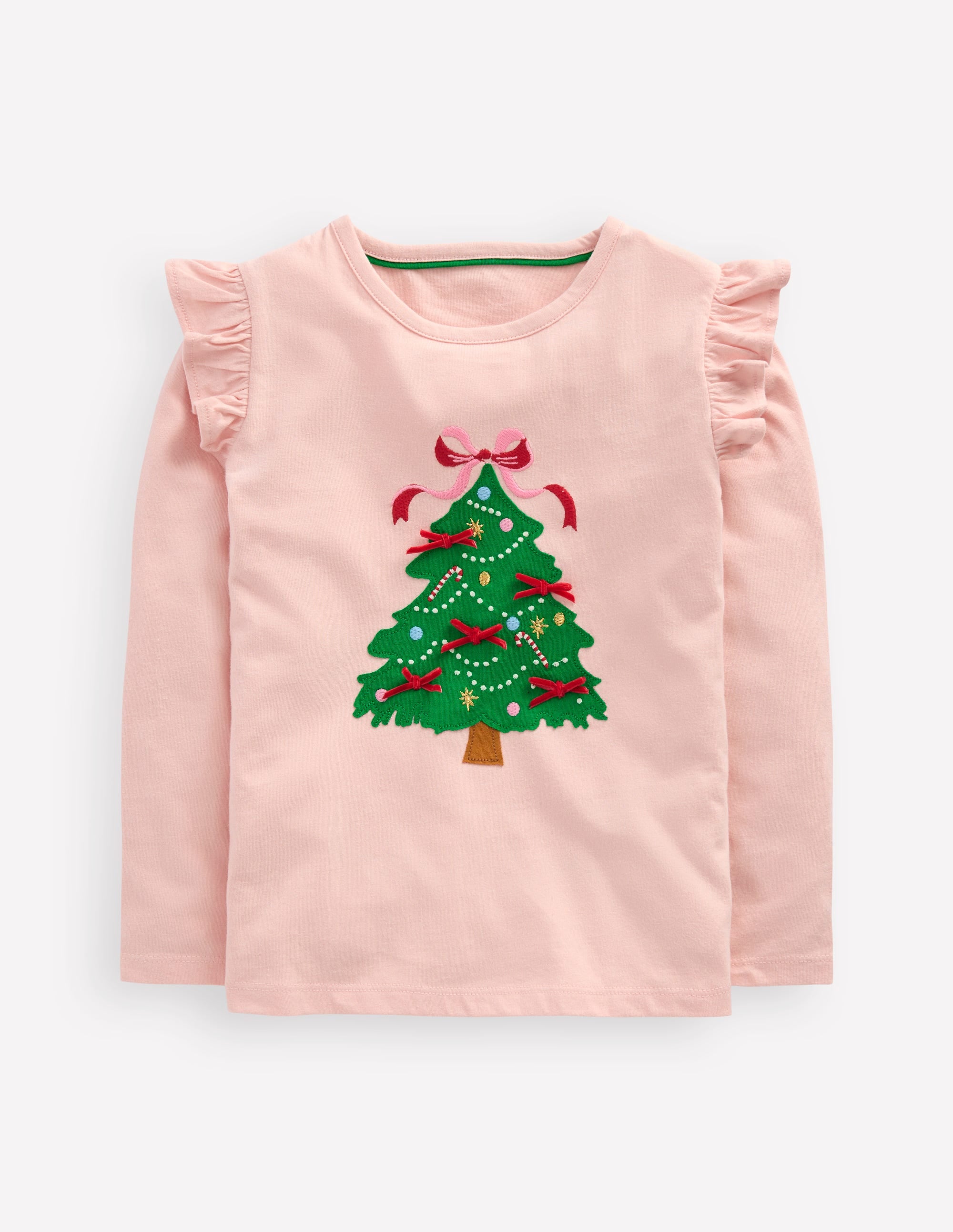 Frill Sleeve Appliqué T-shirt-Chalk Pink Christmas Tree - Image 1