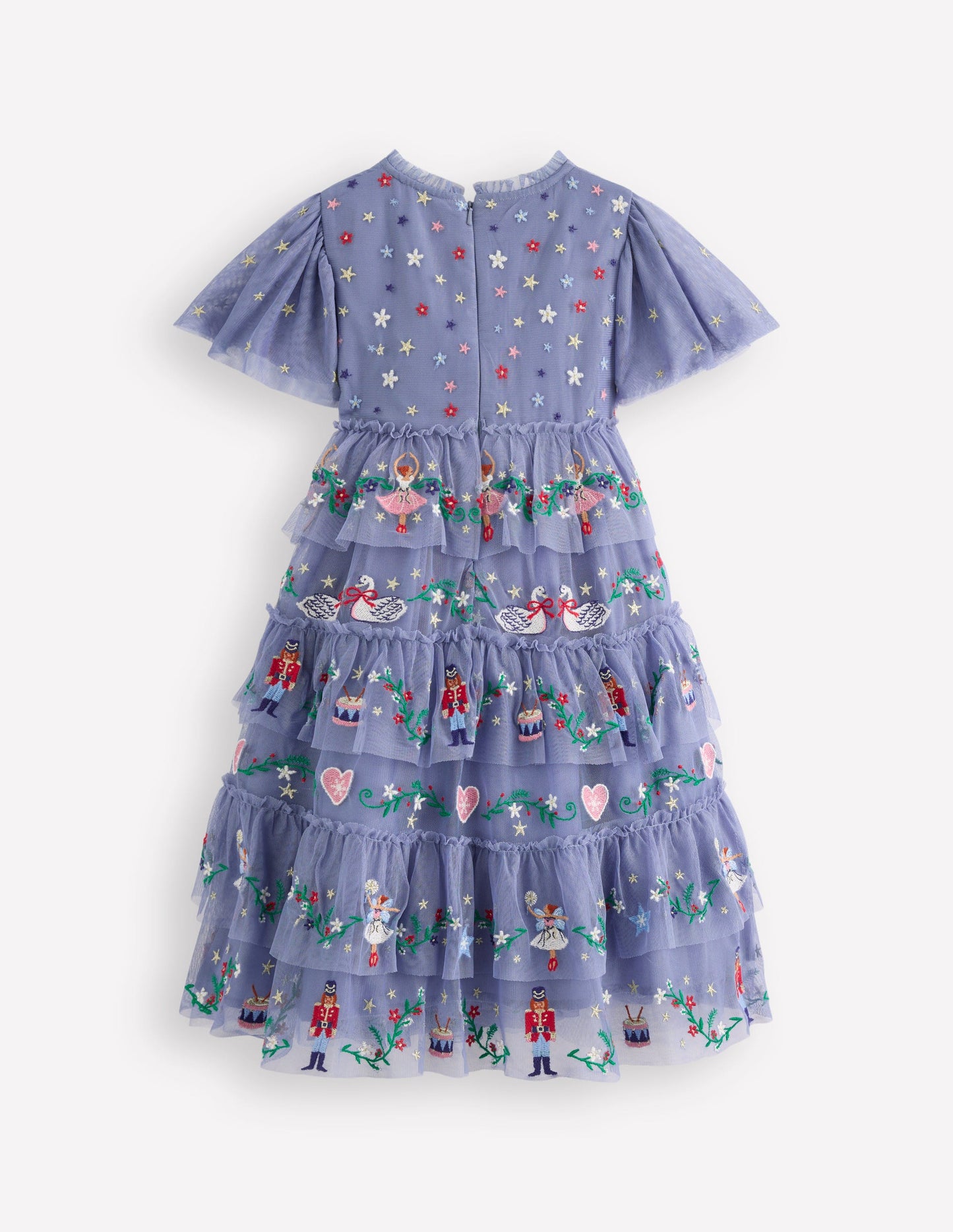 Embroidered Tulle Ruffle Dress-Stormbolt Blue Embroidery