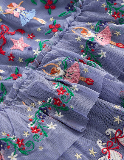 Embroidered Tulle Ruffle Dress-Stormbolt Blue Embroidery-3