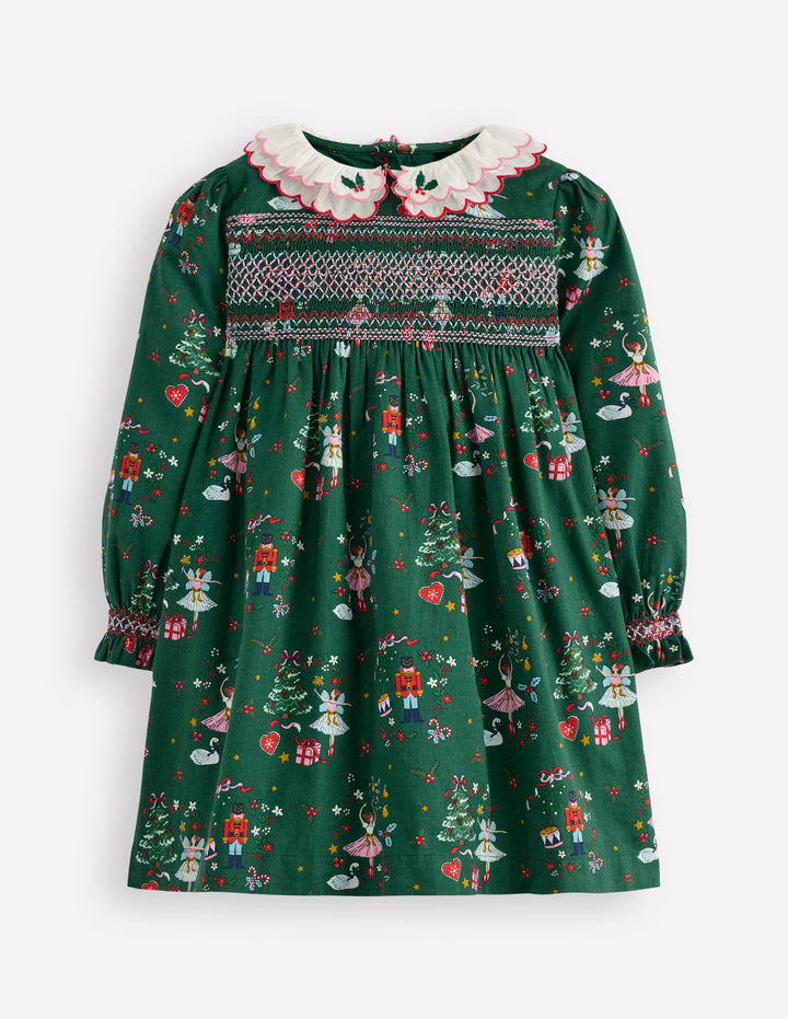 Cosy Collar Detail Smock Dress-Alpine Green Nutcracker