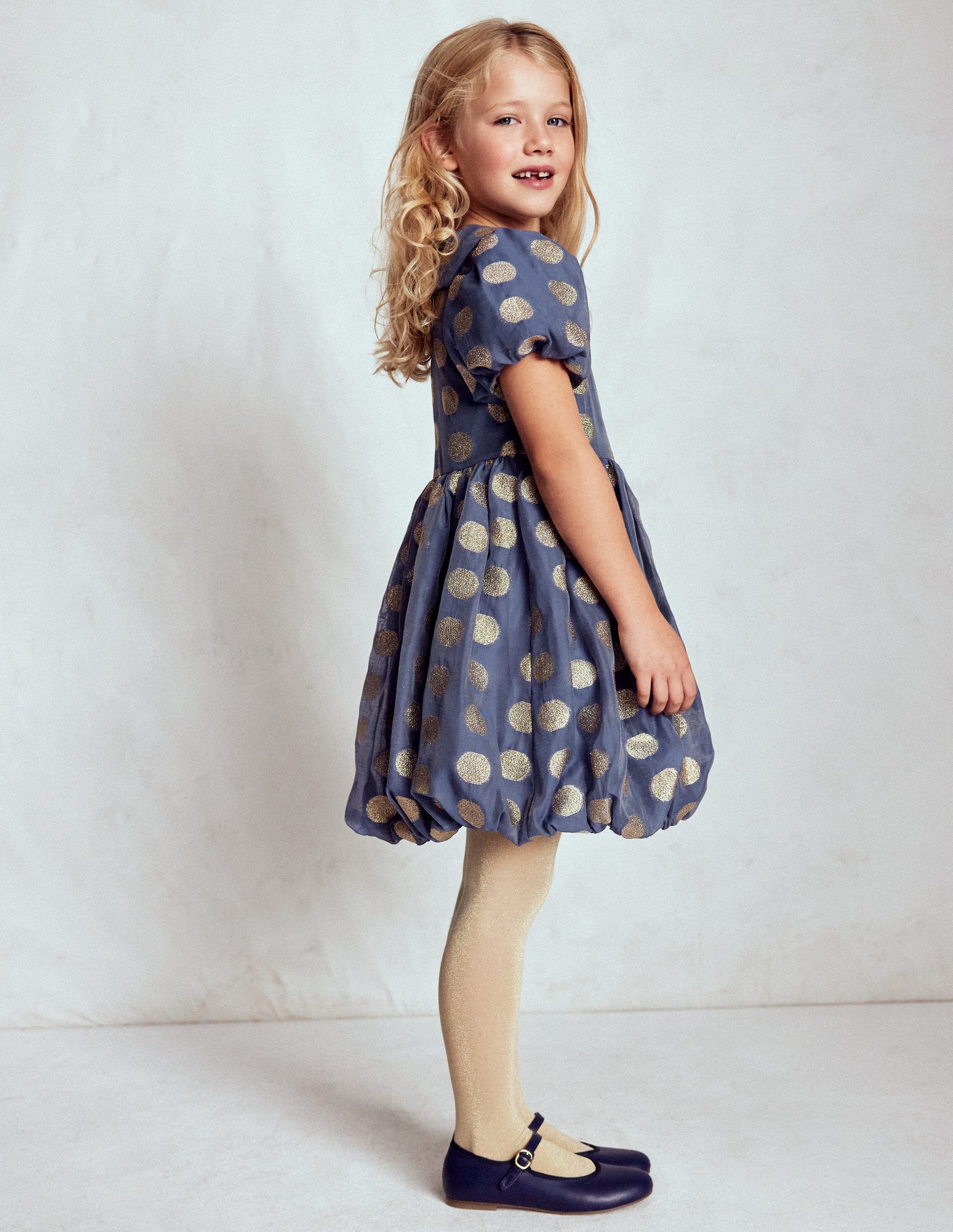 Bubble Hem Party Dress-College Navy Gold Spot-3