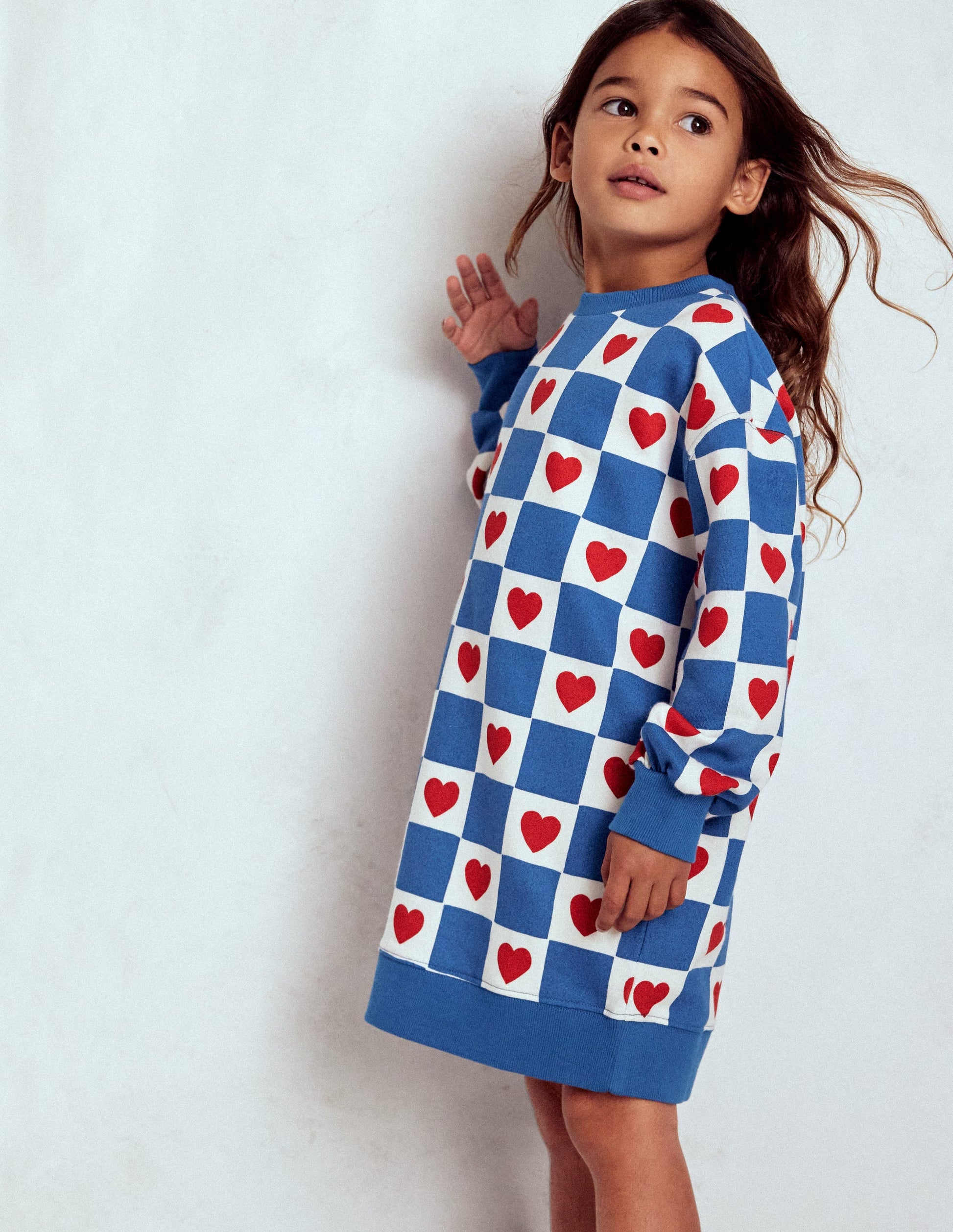 Relaxed Sweatshirt Dress-Blue Heart Stamp Relaxed Sweatshirt Dress-Blue Heart Stamp