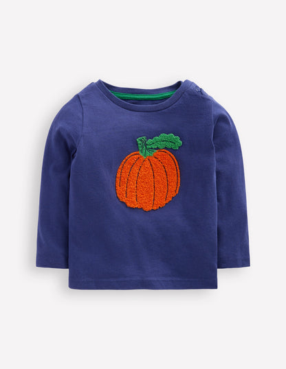 Long Sleeve Applique T-Shirt-Navy Pumpkin-1