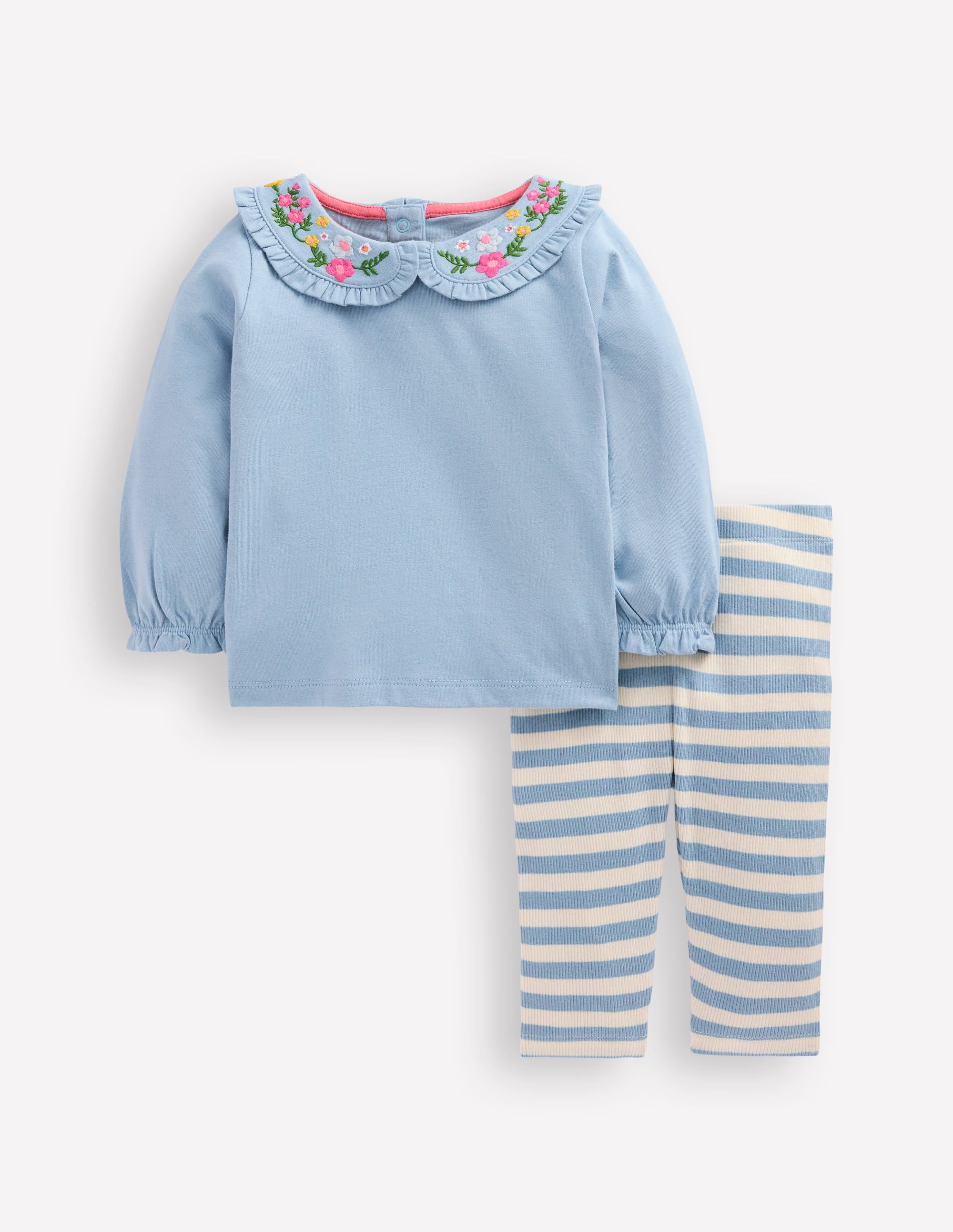 Collared Jersey Set-Blue Floral Embroidery - Image 1