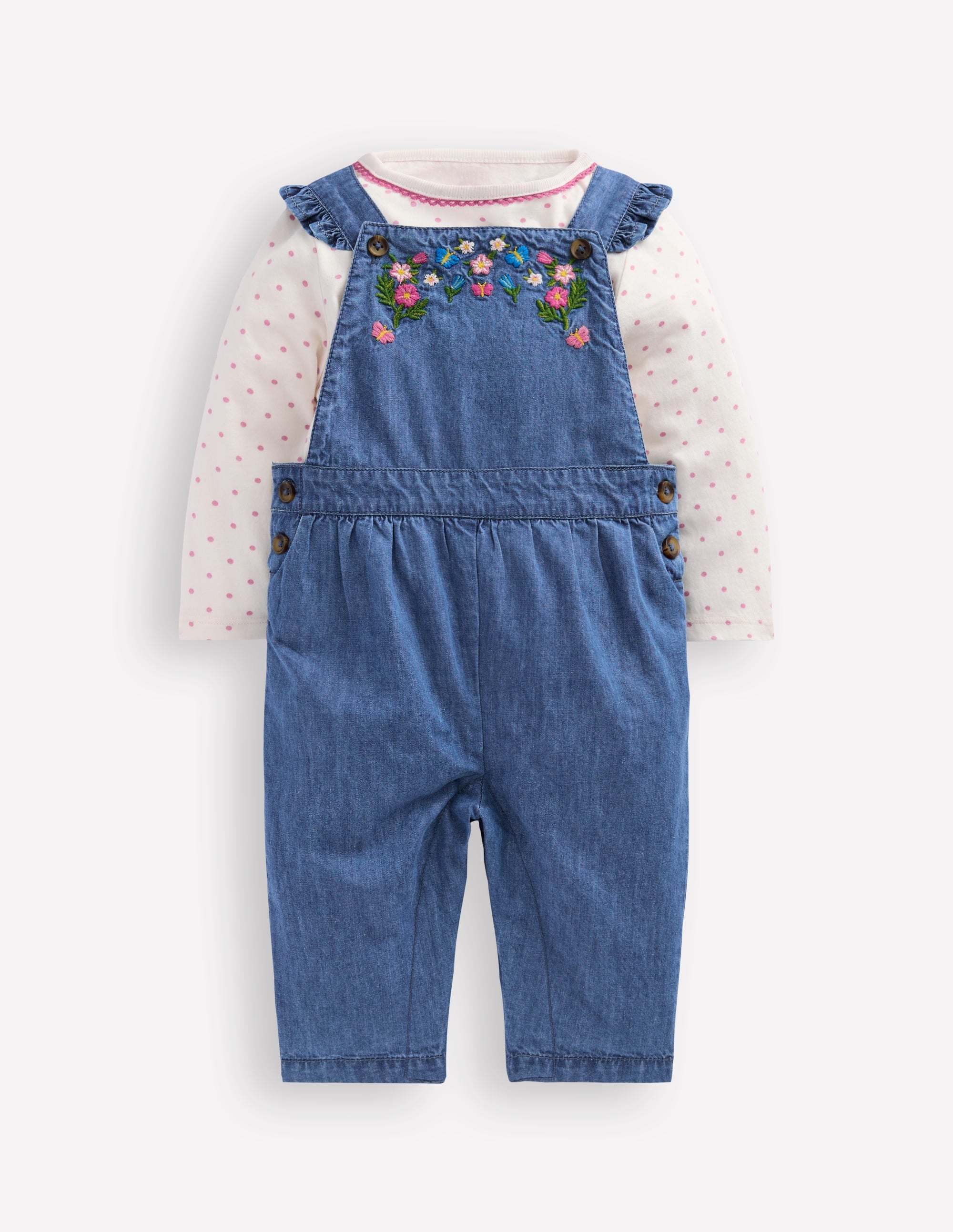 Woven Overalls Set-Blue Chambray Embroidery - Image 1
