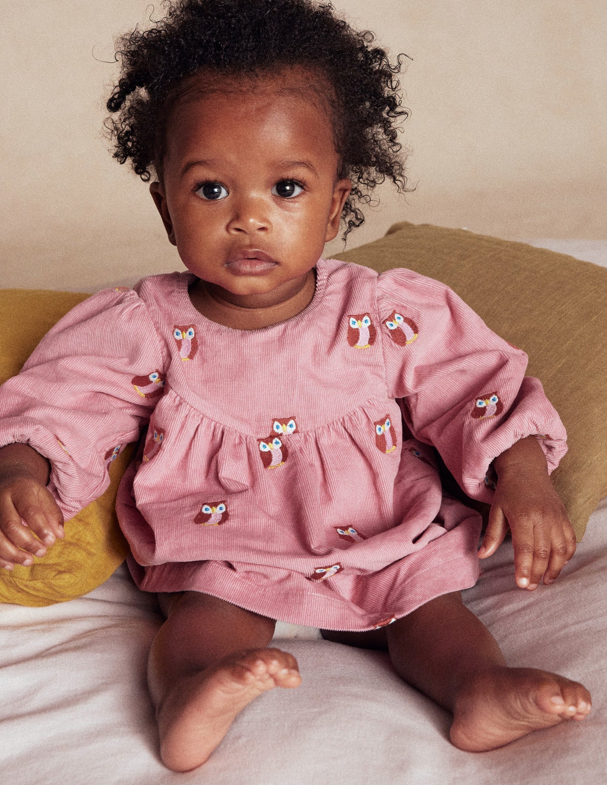 Yoke Detail Woven Dress-Pink Embroidered Owls-4