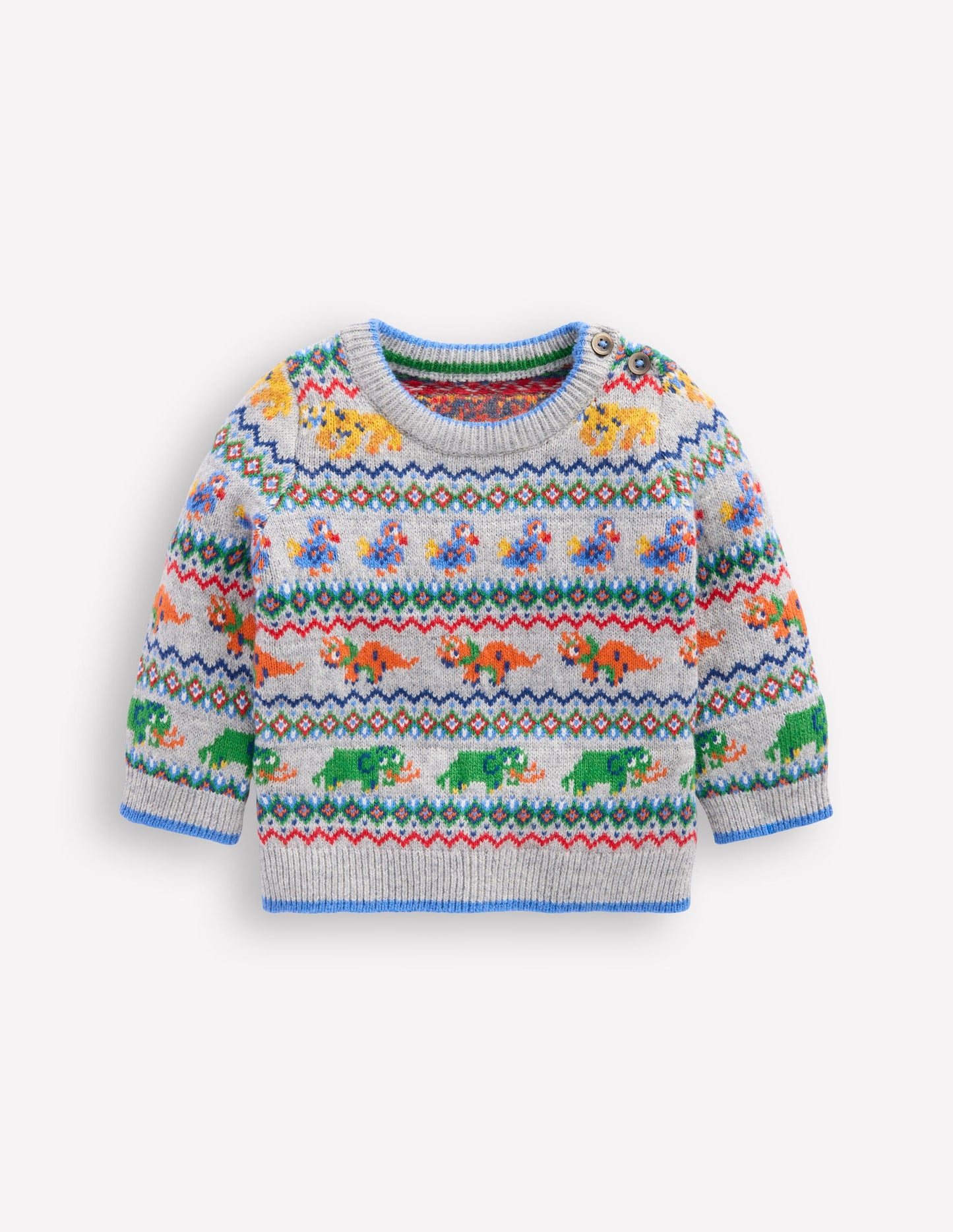 Fair Isle Button Jumper-Grey Marl Prehistoric Animals