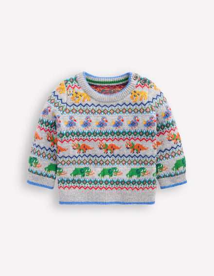 Fair Isle Button Jumper-Grey Marl Prehistoric Animals