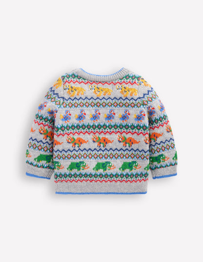 Fair Isle Button Jumper-Grey Marl Prehistoric Animals-2