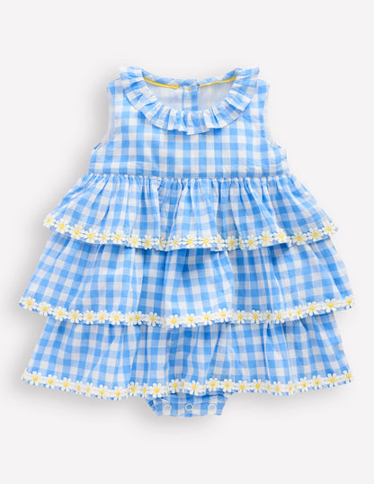 Ruffle Woven Romper-Gingham Daisies-1