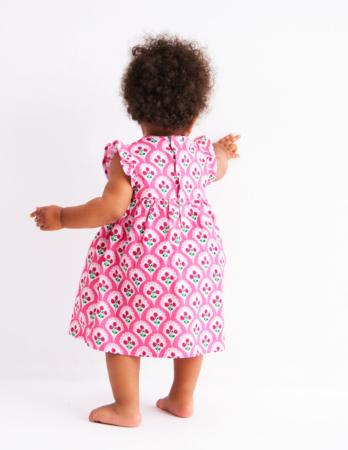 Jersey Frill Sleeve Dress-Pink Rose Woodblock Floral - Image 2