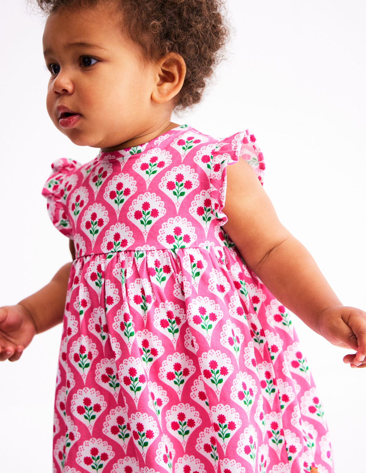 Jersey Frill Sleeve Dress-Pink Rose Woodblock Floral - Image 3
