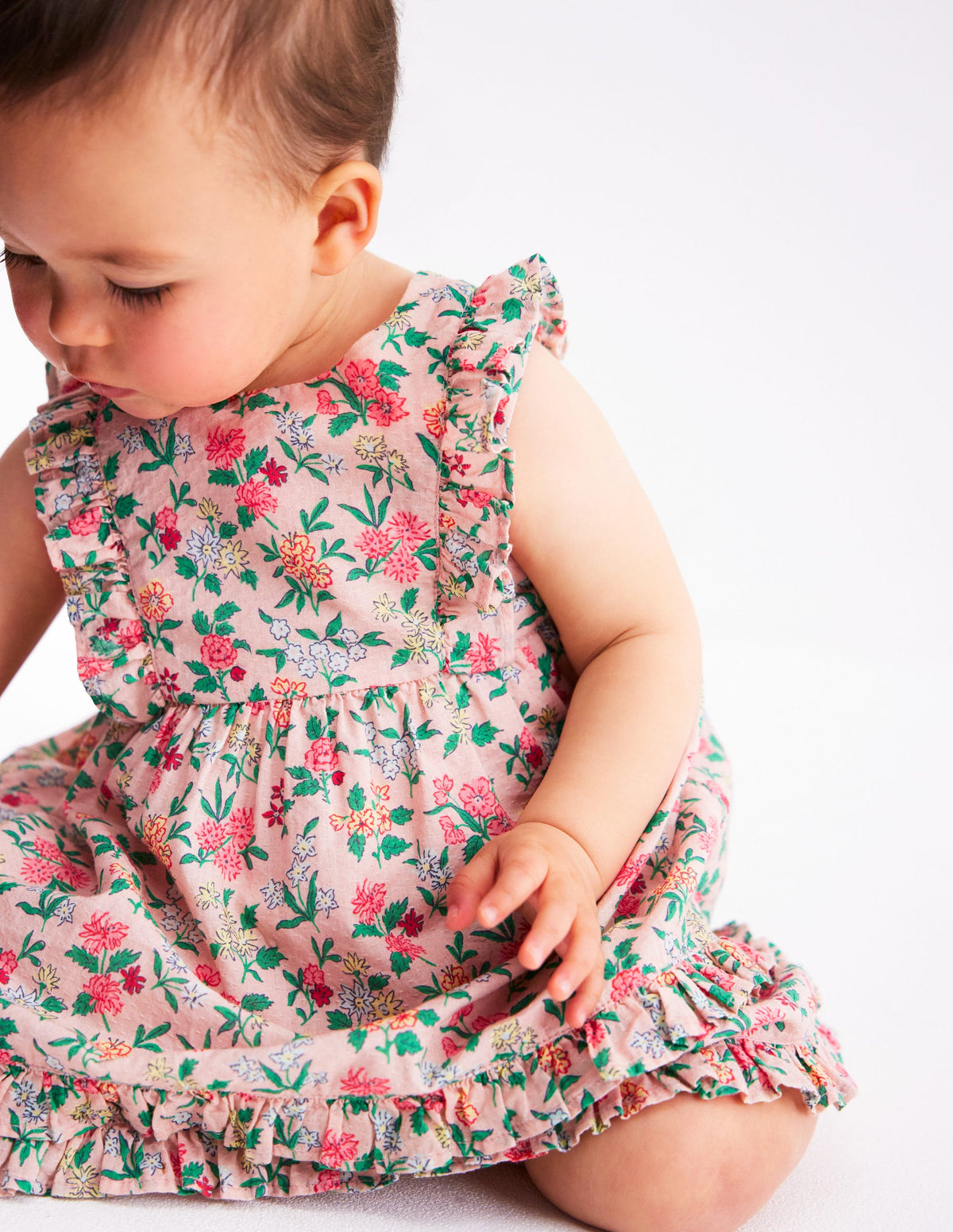 Frilly Pinny Dress-Chalk Pink Garden Ditsy - Image 1