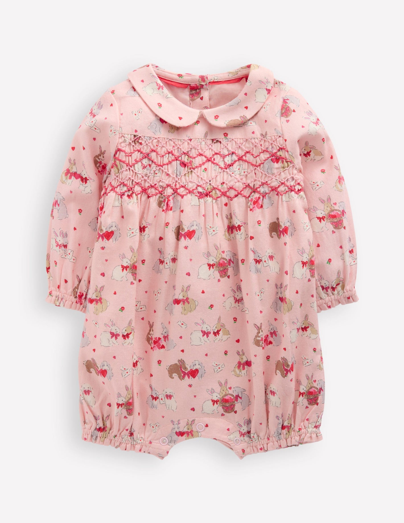 Smocked Romper-Pink Love Bunnies