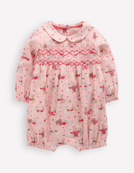 Smocked Romper-Pink Love Bunnies