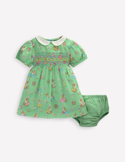 Traditional Smock Dress-Green Guineas