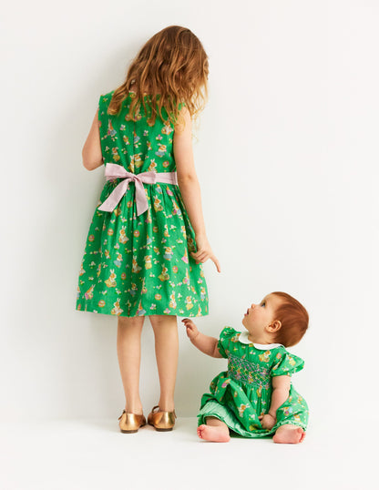 Traditional Smock Dress-Green Guineas