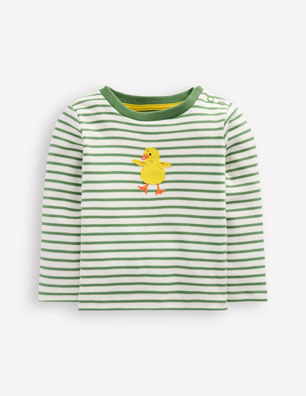 Long Sleeve Appliqué T-shirt-Ivory and Newt Green Stripe