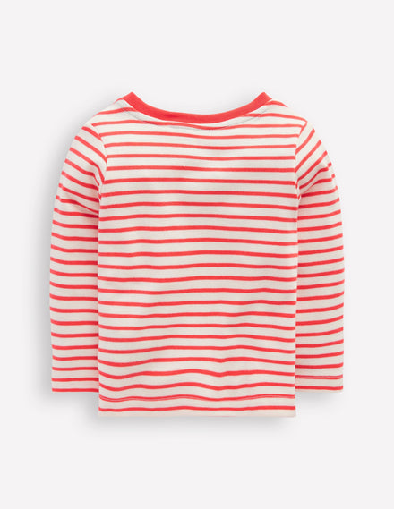 Long Sleeve Appliqué T-shirt-Soft Ivory and Jam Red Stripe