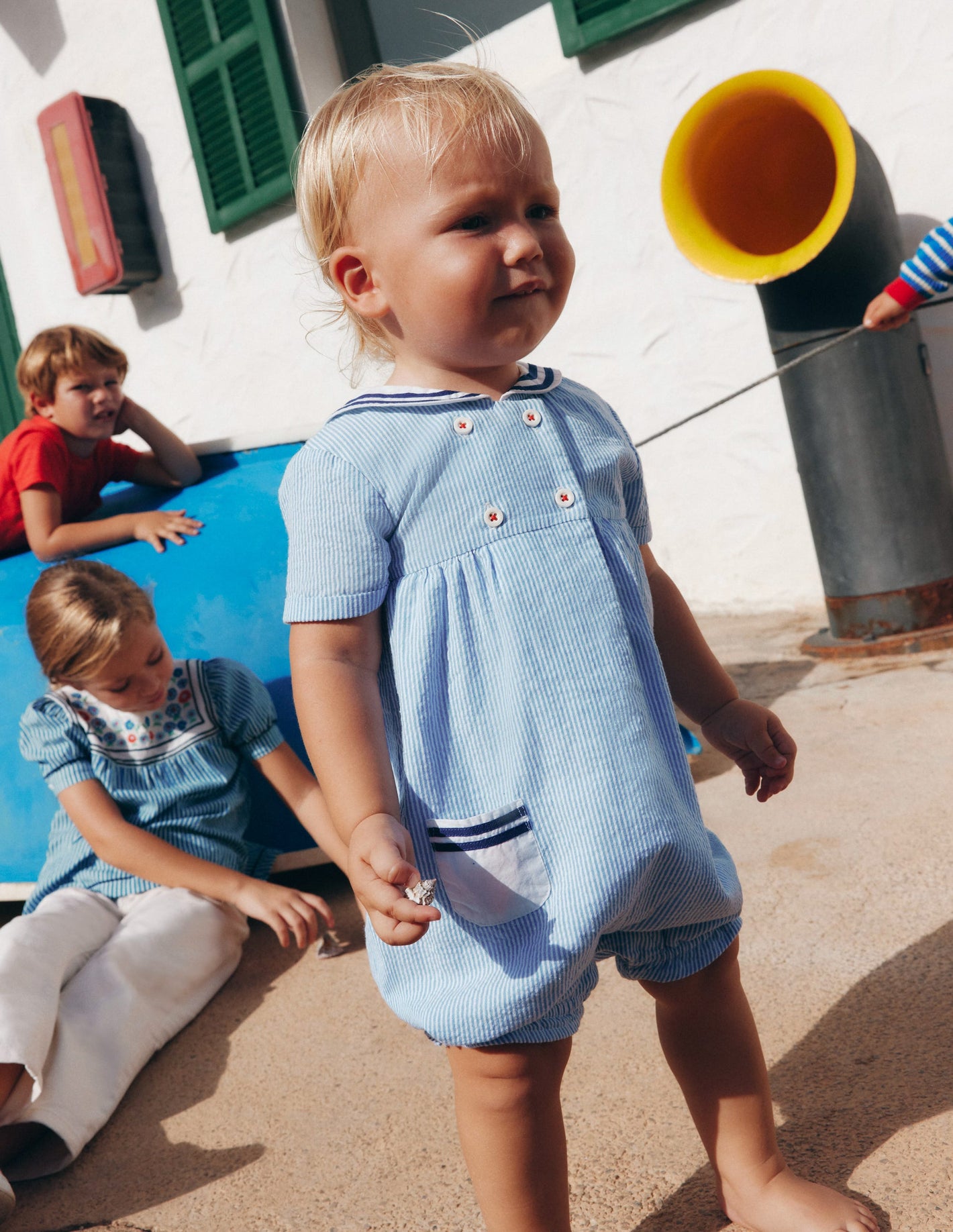 Boys Heritage Nautical Romper-Vintage Blue Ticking Stripe