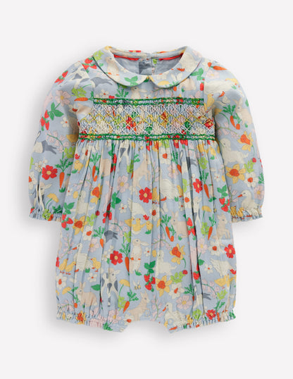 Smocked Romper-Blue Spring Meadow