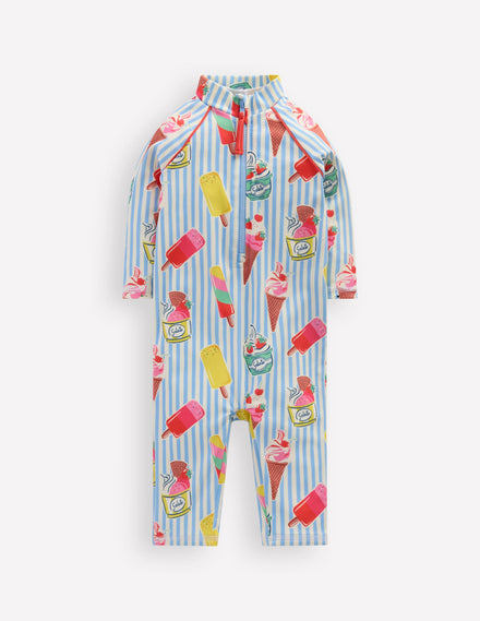 Printed Sun Safe Surfsuit-Vintage Blue Ice Cream Stripe