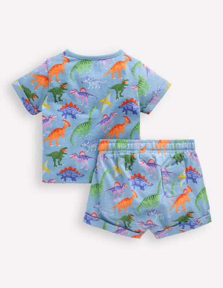 Short Sleeve Printed Play Set-Vintage Blue Dinosaurs