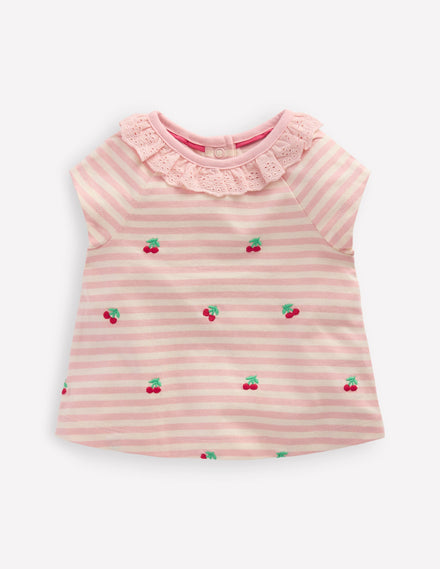 Embroidered Jersey Top-Soft Ivory/ Chalk Pink