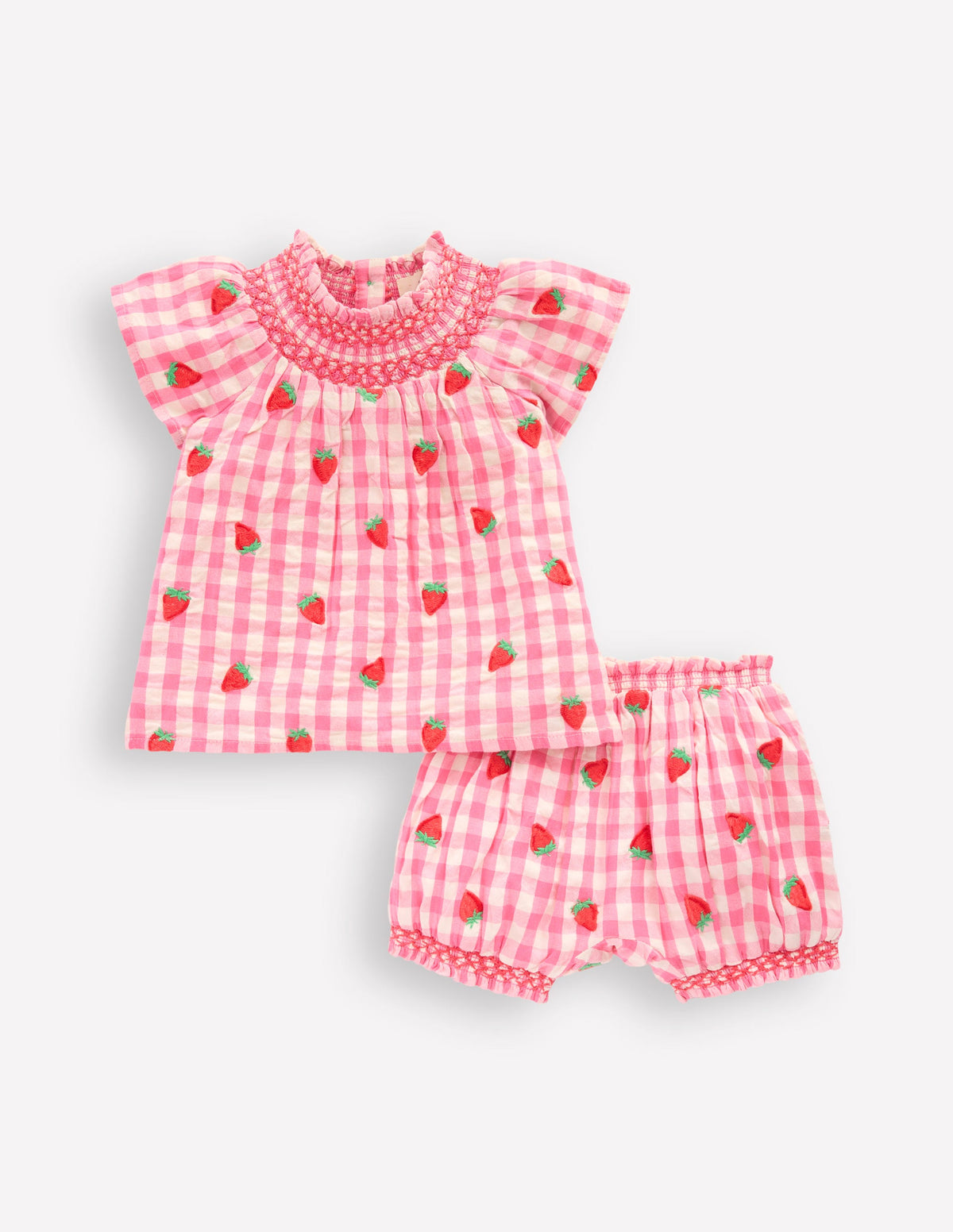 Smocked Play Set-Pink Rose Gingham Strawberries - Image 1