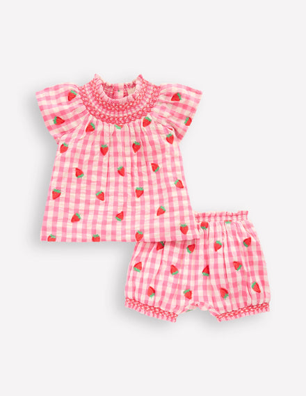 Smocked Play Set-Pink Rose Gingham Strawberries