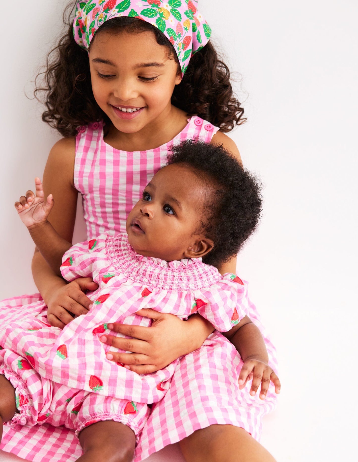 Smocked Play Set-Pink Rose Gingham Strawberries