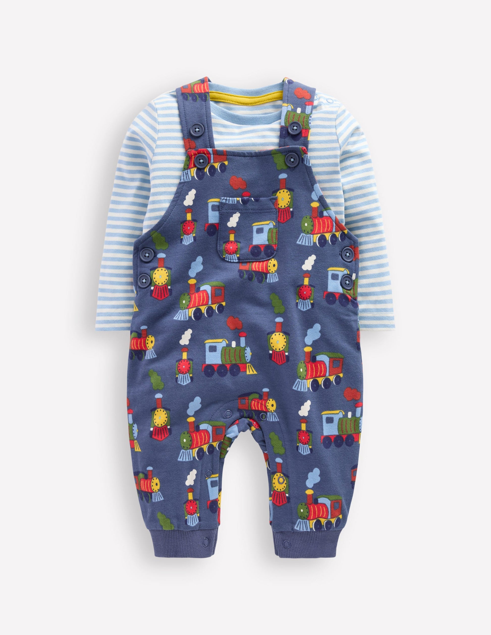 Printed Jersey Overalls Set-Blue Marl Trains-1