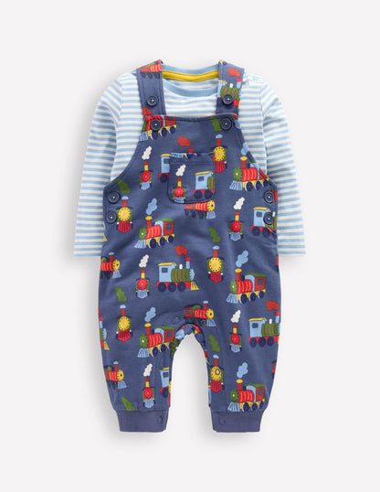 Printed Jersey Overalls Set-Blue Marl Trains-1