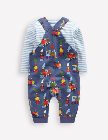 Printed Jersey Overalls Set-Blue Marl Trains-2