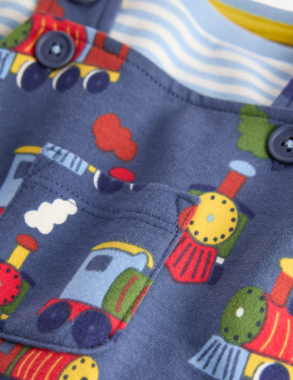 Printed Jersey Overalls Set-Blue Marl Trains-3