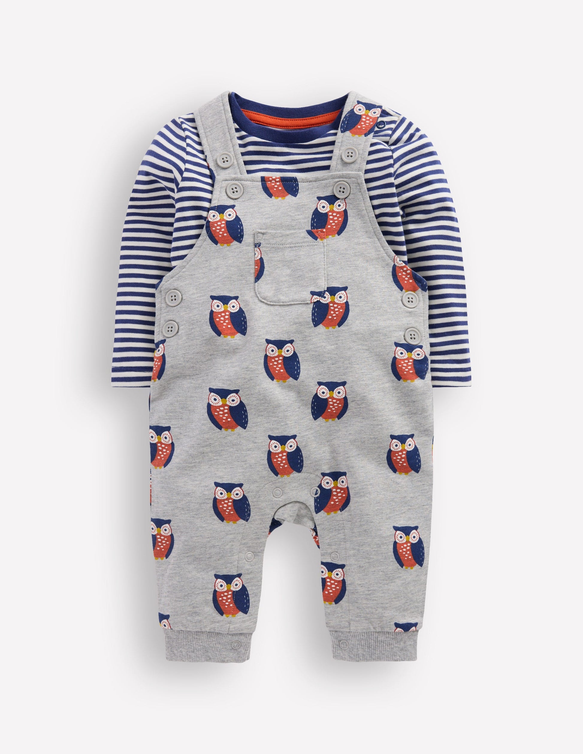 Printed Jersey Overalls Set-Grey Marl Owls-1