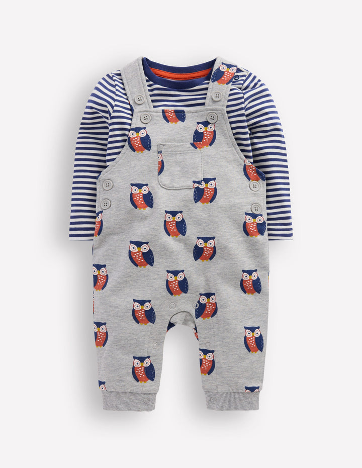 Printed Jersey Overalls Set-Grey Marl Owls