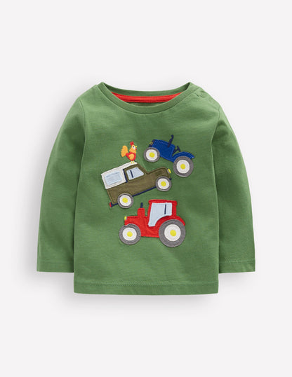 Long Sleeve Applique T-Shirt-Green Lift The Flap Transport-1