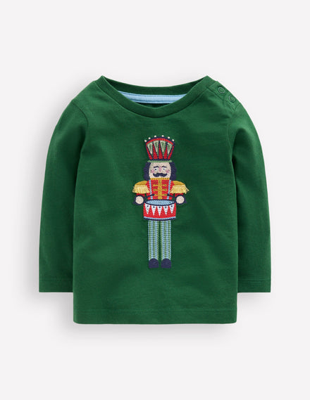 Long Sleeve Applique T-Shirt-Pine Green Nutcracker