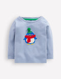 Long Sleeve Appliqué T-Shirt-Light Blue Penguin