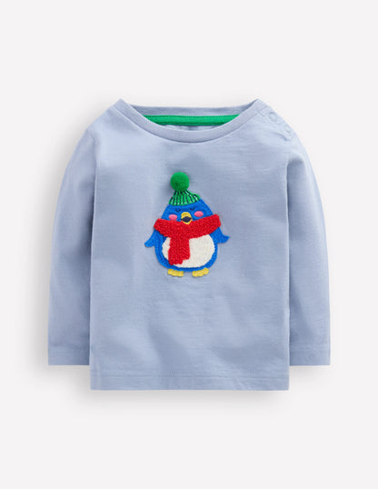 Long Sleeve Applique T-Shirt-Light Blue Penguin-1